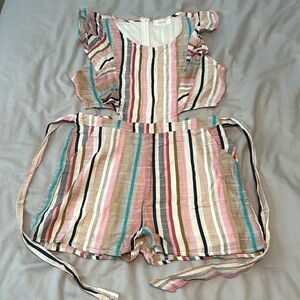 Peach Love California Colorful Romper Jumpsuit Striped Ruffles Womens Size Large
